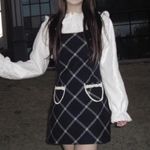 Japanese Kawaii Gyaru Cottagecore Farmhouse Navy Blue Plaid Wool Lace Mini Dress Size XS Photo 5