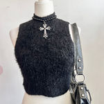 Forever 21 Black Fuzzy‎ Tank Top, Goth Whimsigoth Grunge Indie Sleaze Small Photo 0