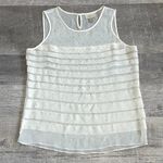 Loft Sleeveless Sheer Tiered Blouse Women M White Metallic Gold Flecked Tank Top Photo 0