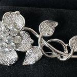 Rhinestone Encrusted Pin Flower Stem Leaves Silver Tone Cocktail Brooch Photo 0