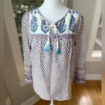 J.Crew White Blue Burgundy Block Floral Print Cotton Tie Front Tunic Top Sz 00 Photo 2