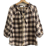 Belle by Kim Gravel Plaid Keyhole Blouse Peasant Top Oversized Brown Size Small Photo 0