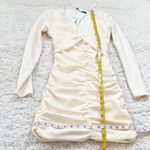 ZARA NWT Cream White Ruched Long Sleeve V Neck Bodycon Mini Dress Medium Photo 3