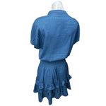 Heartloom  Blue Silky Satin Jacquard Smocked Ruffle Tiered Mini A-line Dress Sz M Photo 1