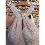 Alex Evenings  Long Halter Lace Sheath Dress with Skirt Slit in Taupe Size 8 Photo 4