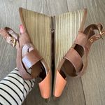 ALDO Woman’s Brown & Coral Strap Leather Wedge Gold Buckle Sandals Sz 8.5 Photo 1