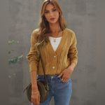 Brown Cable Knit Chunky V Neck Cardigan with 3 Decorative Pearl Buttons 2XL Size 2X Photo 1