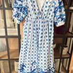 Anthropologie Block print Maxi dress vneck puff sleeve bump friendly tie front farmers market Photo 0