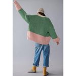 Anthropologie Saachi Hand Knit Chunky Cardigan Colorblock Sweater Green Pink O/S Photo 2