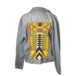 Denim Jacket Aztec Blanket Back Distressed‎ Jean Coat Western Style Blue Size M Photo 1