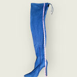 Liliana Womens Blue Denim Thigh High Stretch Stilettos Heels Zip Boots Size 10 Photo 2