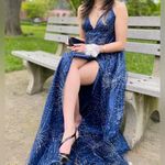 Windsor Womens Royal Blue V-neck Glitter Hi-cut Slit Prom Dress Photo 1