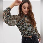 Free People All Dolled Up Mesh Long Sleeve Cropped Floral Top Blouse Green Small Photo 3