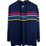 Lands End Cardigan Women SP Blue Rainbow Stripe Spring Pocket 100% Cotton Preppy Photo 0