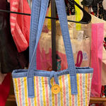 Handmade Colorful Striped Quilted Tote Bag with Button Accent Photo 0