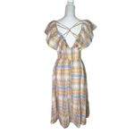 Saint Geraldine Polly Cotton Ruffle Cottagecore Kingsley Plaid Pocket Midi Dress Blue Photo 3