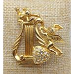 Vintage Gold Tone Harp Brooch Pin Cupid Angels Rhinestone Heart 1.75" Photo 1