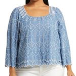 Caslon  Plus Size Cotton Eyelet Top Blue White Boho 3/4 Sleeve Peasant Blouse 2X Photo 0