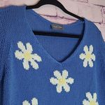 Wooden Ships ANTHRO BLUE KNIT WITH DAISY FLORAL PRINT V NECK SWEATER S/M Photo 2