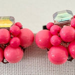 Hot pink beaded cluster vintage rhinestone clip on earrings Photo 0