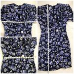 Vintage 90’s Floral Mini Dress Sheath Deep V Fitted Retro Purple Black Size 6 Blue Photo 7