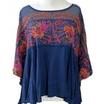 Free People  Bohemian Linen Embroidered Poncho Top Oversized Medium Summer Flowy Photo 2
