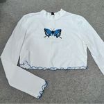 SheIn Blue Butterfly Print White Mock-Neck Long Sleeve Crop Top Photo 2