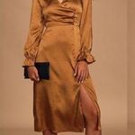 Lulus Lulu’s 4SI3NNA Brielle Bronze Satin Long Sleeve Midi Dress in Bronze Copper Photo 0