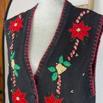 VTG Victoria Jones Christmas Sweater Vest L Black Poinsettia Candy Cane Beaded Size L Photo 2
