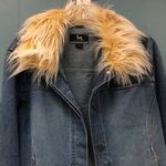 Blanc Noir Women’s L fluffy Faux‎ Fur Trim Denim Jacket Jean Button Down Blue Size L Photo 1