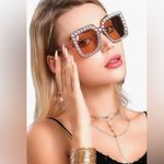 🆕 Women Oversized Rhinestone Sunglasses Square Bling Glasses Tan/Brown🆕 Tan Photo 0