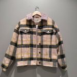 Urban Outfitters Green Yellow Cream Plaid Sherpa Collar Trucker Jacket Sz Small Photo 9