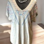 Democracy Gray V-Neck Peasant Boho Cowgirl Top Aztec Southwestern Print Sz Large Photo 0
