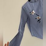 ZARA  Blue and White Striped Top With Embroidered Florals Size Small Photo 4