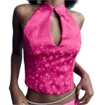 ZARA Halter Keyhole Satin Floral Jacquard Top Pink Women’s Size Large NWT Photo 2
