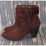 Cato Size 8 Side Zip Ankle Boots Block Heel Booties Brown Faux Suede Fringe Photo 0