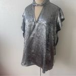 Worthington 2X Shimmering Silver Blouse Keyhole Neck Short Sleeve Satin Photo 1