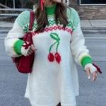 Free People Cherry Fair Aisle Green Red Sweater Dress Knit Ivory Combo NWT Small Photo 0