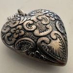 Anthropologie Vintage  Victorian Style Engraved Pewter Floral Heart Puff Pendant Photo 6