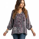 Como vintage Patchwork Floral Peasant Blouse Womens XL Purple Boho Hippie Gypsy Photo 0