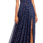 AQUA  Navy Blue & Metallic Gold Halter Maxi Dress Gown Size 0 Photo 0