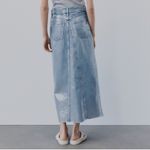 ZARA NEW MIDI ASYMMETRIC DENIM METALLIC COATED SKIRT BLUE SILVER Size Small Photo 3