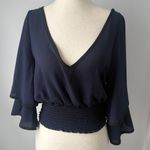 Likely  Navy Women's Blouse Size Medium Flowly 3/4 Sleeves Dressy Smocked Top Photo 2