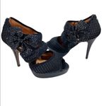 POETIC LICENSE Mistletoe Kisses Black Open Toe Rhinestone Bow 4” Heels Size 6 Photo 1