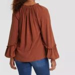Knox Rose Womens L Brown Peasant Blouse V Neck Tassel Long Sleeve Boho Raglan. Photo 1