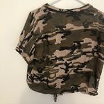 Storia  Brown Black Tan Camo Camouflage Short Sleeve Tie Button Down Crop Top M Photo 8