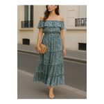 Fresha London Strapless Tiered Ruffle Maxi Leaf Palm Print Dress XS Green Photo 1