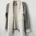 Anthropologie  Ambrose Knit Jacket Gray Cream Cardigan Plush Collar Size Medium Photo 2