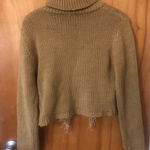 Boho Western Tan Cropped fringe chunky knit mock neck sweater Size L Photo 2