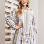 easel  Long Sleeve Linen Blend Purple White Button Up Tunic Dress Boho Beach Photo 14